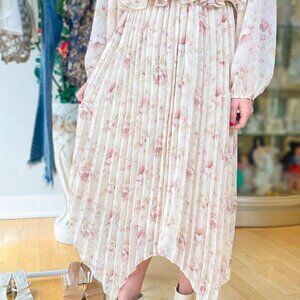 Anthropologie En Saison Pleated Kika Floral Asymmetrical Skirt Size L Ivory Pink